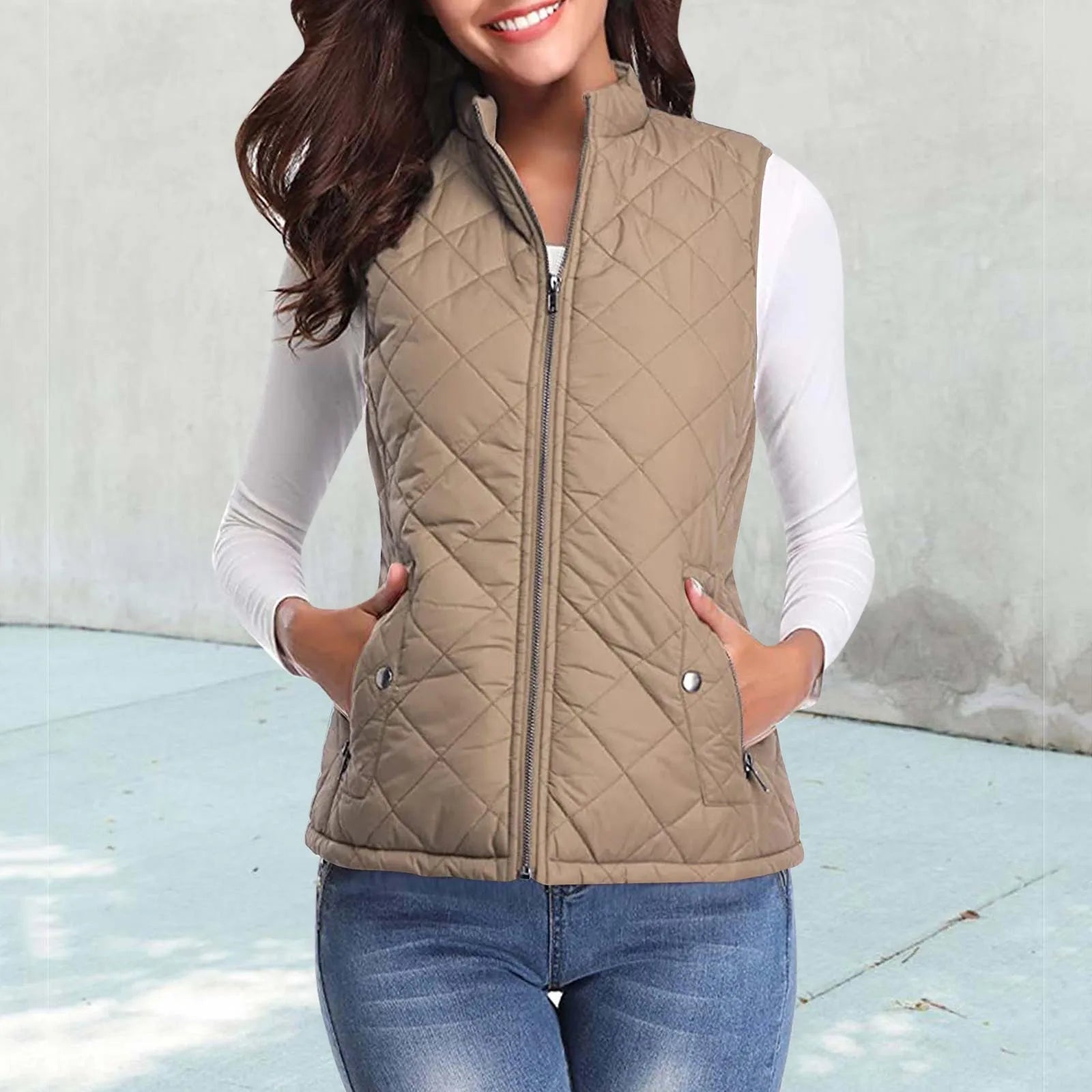 Women'S Padded Vest Quilted Jacket Ladies Zipper Sleeveless Waistcoat Autumn Winter Lightweight Comfortable Cotton down Vests