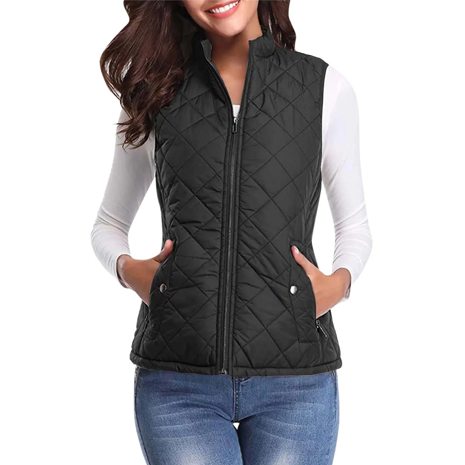 Women'S Padded Vest Quilted Jacket Ladies Zipper Sleeveless Waistcoat Autumn Winter Lightweight Comfortable Cotton down Vests