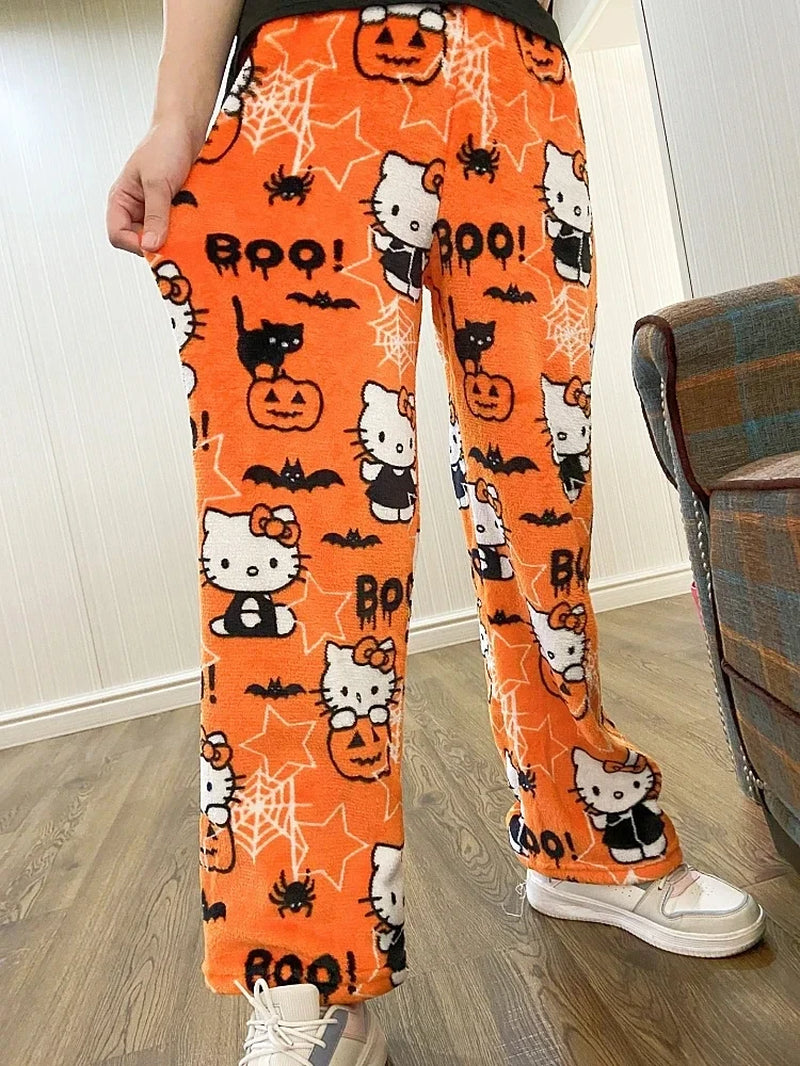 Anime Sanrioed Hellokitty Y2K Sanrioed Pajamas Pants Women Pjs Halloween Household Dress Kawaii Woolen Cartoon Casual Home Pants